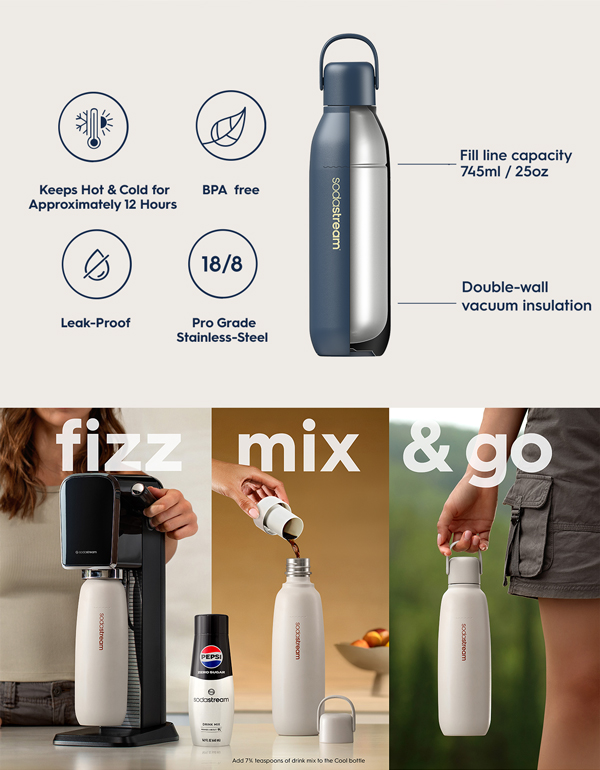 SodaStream Fizz & Go COOL bottle is perfect for enjoying your favorite fizzy beverages at home or on the go.